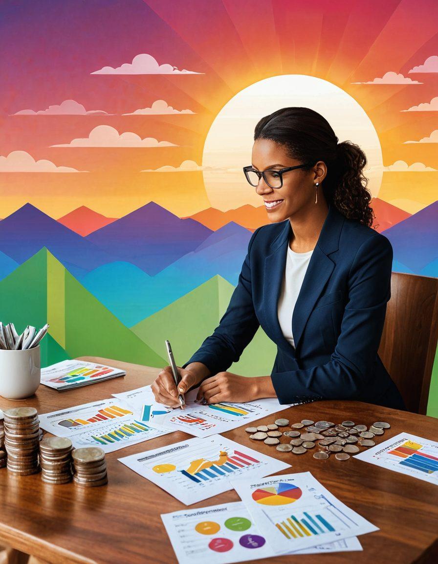 A serene landscape featuring a person happily organizing their finances, surrounded by graphs showing growth in savings, stacks of coins symbolizing debt repayment, and a bright future represented by a rising sun in the background. The scene should emit a sense of calm and empowerment, emphasizing financial literacy and positive money management. vibrant colors. vector art.