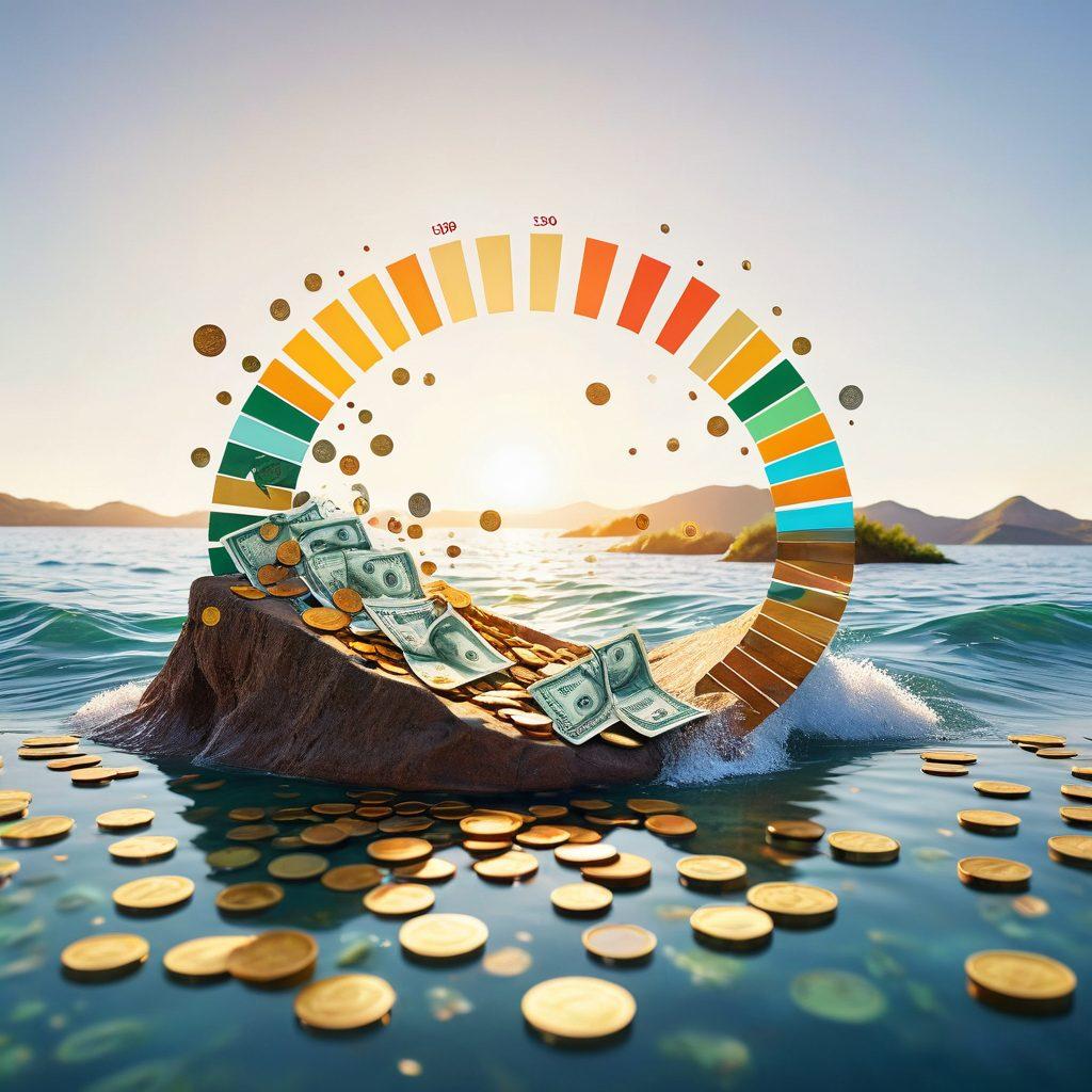 A visual metaphor depicting a credit score gauge transitioning into a flowing river of cash, with coins and bills glimmering in the sunlight. Include a diverse group of people examining their finances, surrounded by charts and graphs illustrating personal finance success. The colors should be bright and engaging, conveying optimism and clarity. super-realistic. vibrant colors. white background.