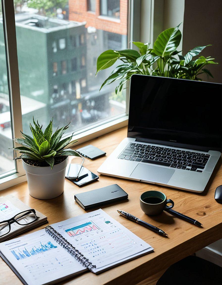 A serene workspace with a stylish desk featuring a laptop displaying financial graphs, a potted plant, notebooks, and a cup of coffee. Include a calculator and dollar bills scattered artistically to symbolize money management. Soft natural light filters through a window. super-realistic. vibrant colors. calm and inviting atmosphere.